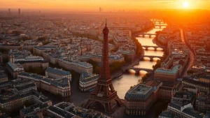 Aerial panoramic view of Paris cityscape at golden hour sunset, Eiffel Tower visible, Seine River winding through the city, warm golden light illuminating historic Haussmann buildings and bridges, photorealistic