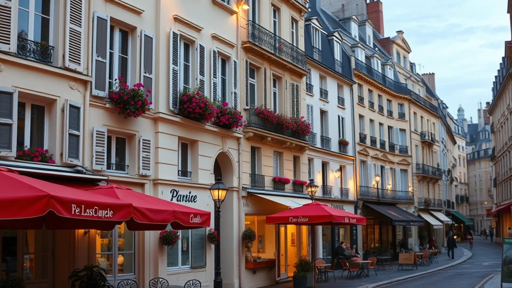 Charming Parisian street scene with historic cream and beige buildings, ornate window shutters, flower boxes blooming, outdoor café seating with red umbrellas and bistro chairs, evening soft lighting, photorealistic