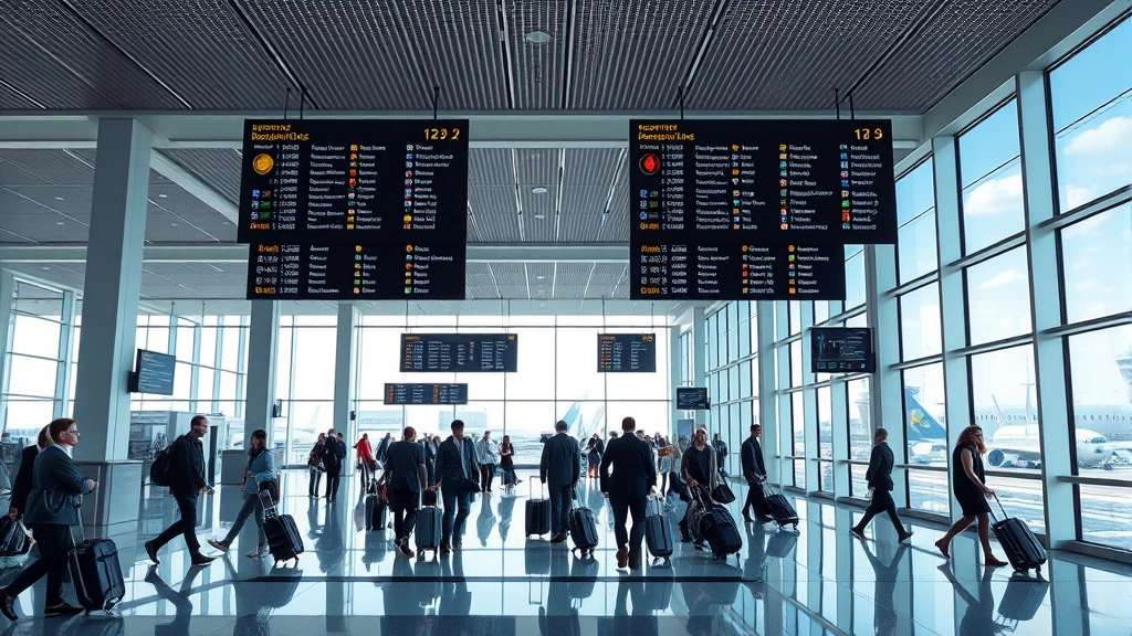 Interior of modern airport terminal with departure boards, travelers with luggage, large windows showing aircraft outside, contemporary architecture with bright lighting, busy but organized atmosphere, photorealistic