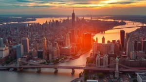 Aerial view of New York City skyline at sunset with Manhattan bridges and Hudson River visible, golden hour lighting, photorealistic, no text