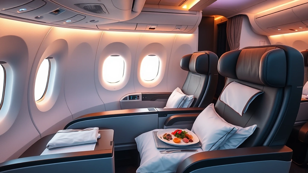 Modern airplane cabin interior with comfortable business class lie-flat seats, warm ambient lighting, elegant meal service setup, photorealistic, no signage