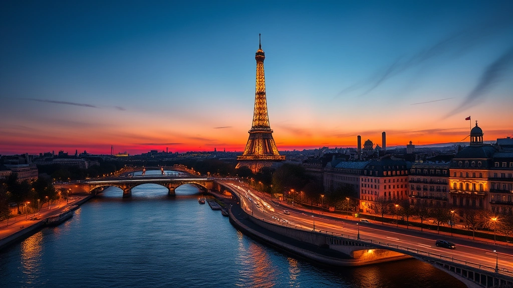 Iconic Eiffel Tower at dusk with Parisian architecture and Seine riverbanks illuminated, romantic golden hour lighting, photorealistic, no text