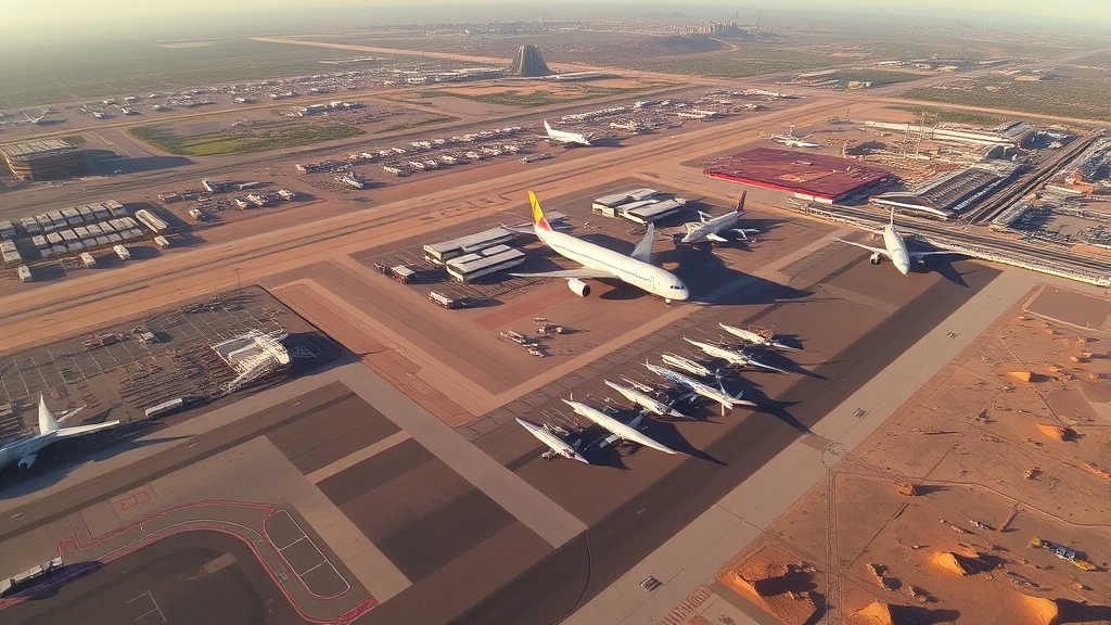 Aerial view of Phoenix Sky Harbor International Airport with Arizona desert landscape below, morning golden light, runways and terminals visible, commercial aircraft parked at gates