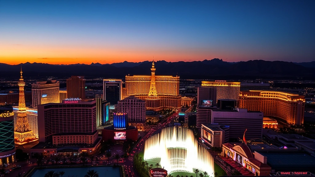 Las Vegas Strip skyline at sunset with bright neon lights, iconic casino hotels and fountain displays, desert mountains in background, vibrant evening atmosphere
