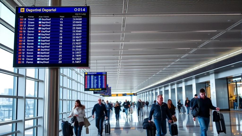 Airport terminal departure board showing flight information, travelers with luggage walking through modern airport corridor, natural light from windows, busy but organized atmosphere