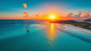 Aerial view of Antigua's turquoise Caribbean waters and white sandy beaches with colorful sailboats anchored offshore during golden hour sunset, photorealistic travel photography