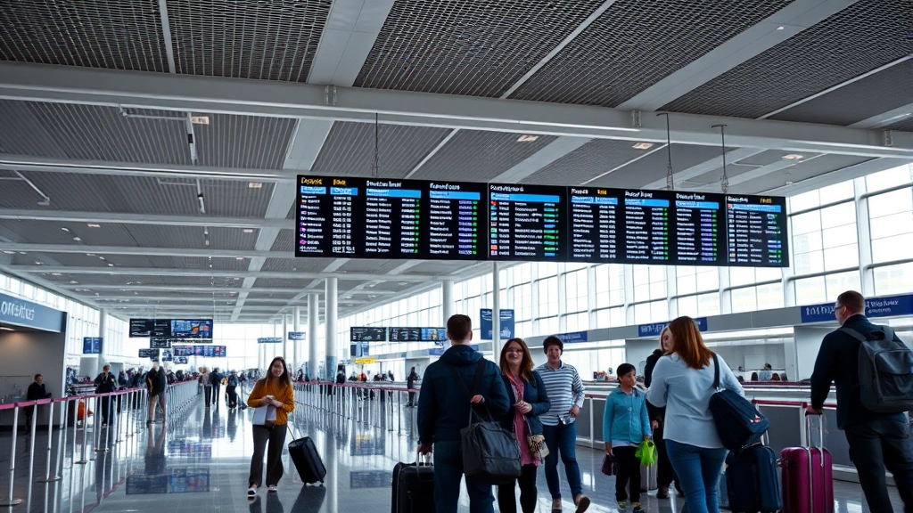 Modern airport terminal interior with flight information displays and travelers checking luggage at check-in counters, bright natural lighting, contemporary aviation hub atmosphere
