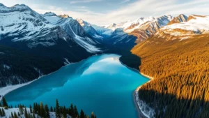 Aerial view of turquoise Lake Louise surrounded by snow-capped Rocky Mountains and evergreen forests in Banff National Park, golden hour lighting reflecting off pristine water