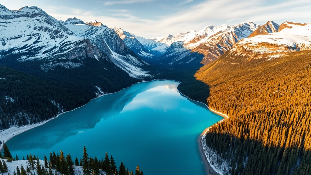 Aerial view of turquoise Lake Louise surrounded by snow-capped Rocky Mountains and evergreen forests in Banff National Park, golden hour lighting reflecting off pristine water
