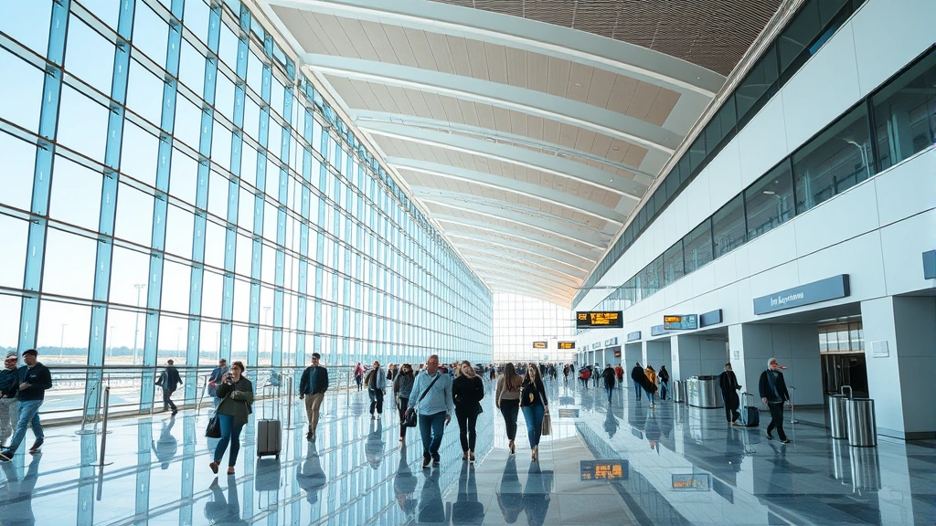 Calgary International Airport modern terminal interior with travelers walking through departure gates, natural light streaming through large windows, contemporary architecture