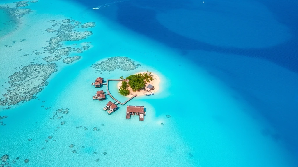 Aerial view of Bora Bora's turquoise lagoon with overwater bungalows and coral reefs visible from above, crystal clear Pacific waters, tropical paradise landscape