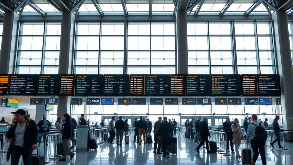 Modern airport terminal with departure boards and passengers checking in, international airport scene with travel bags and busy atmosphere