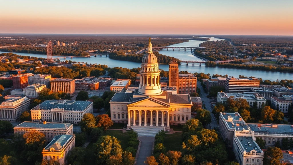 Aerial view of Columbia South Carolina cityscape with State House dome and river at golden hour, showing downtown architecture and tree-lined streets