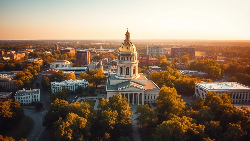 Aerial view of Columbia, South Carolina skyline with State House dome and downtown buildings surrounded by trees, golden afternoon sunlight, landscape orientation