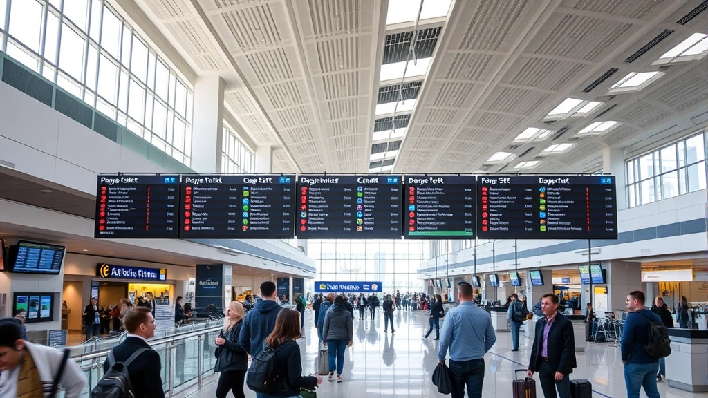 Modern airport terminal interior with travelers at check-in counters, digital departure boards, bright natural lighting, contemporary architecture, bustling atmosphere