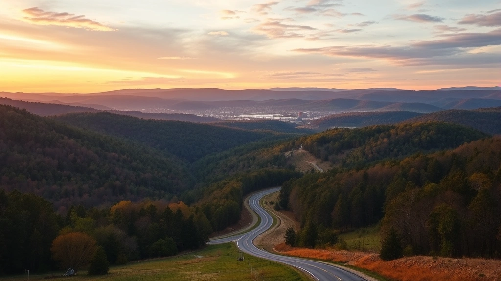 South Carolina landscape with rolling hills, forests, and winding roads leading toward Columbia, scenic highway view, sunset lighting, travel adventure mood