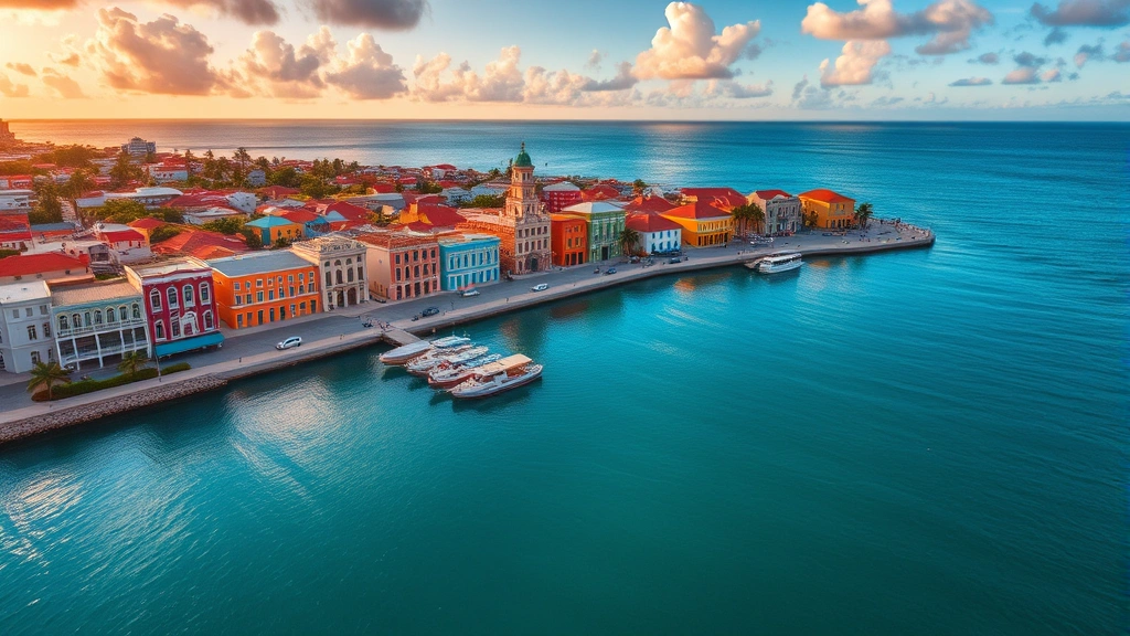 Aerial view of Curacao's colorful Willemstad waterfront with pastel colonial buildings reflected in turquoise Caribbean waters at golden hour, vibrant and tropical atmosphere