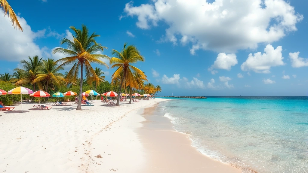 Curacao beach scene with pristine white sand, crystal clear turquoise water, and colorful beach umbrellas with palm trees, relaxed vacation atmosphere at midday