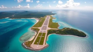 Aerial view of Hato International Airport runway with turquoise Caribbean waters surrounding the island, lush tropical vegetation visible, bright sunny day with clear visibility