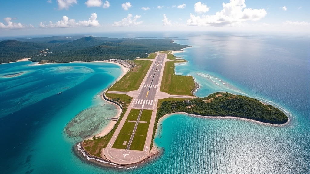 Aerial view of Hato International Airport runway with turquoise Caribbean waters surrounding the island, lush tropical vegetation visible, bright sunny day with clear visibility