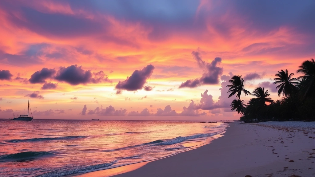 Sunset over Curacao beach with dramatic sky, pink and orange hues reflecting on calm water, palm trees silhouetted against twilight, empty sandy beach with gentle waves