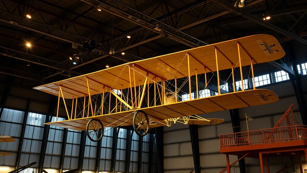 Historic Wright Flyer aircraft suspended in museum hangar with dramatic lighting, showcasing aviation heritage and engineering innovation