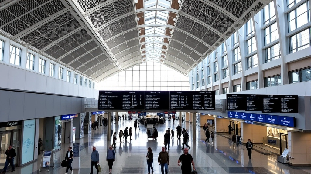 James M. Cox International Airport terminal interior with modern architecture, departure boards, and travelers moving through spacious corridors