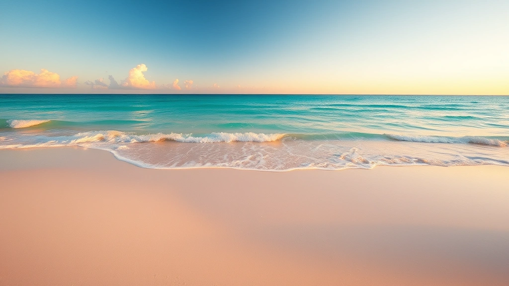 Turquoise Gulf waters meeting white sand beach at sunrise, Destin Florida, golden light reflecting off calm ocean, pristine shoreline, no people