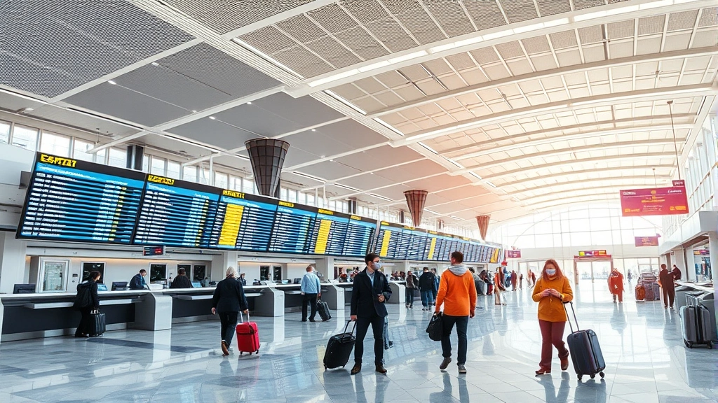 Modern airport terminal interior with departure boards and check-in counters, travelers with luggage, contemporary aviation hub, bright natural lighting