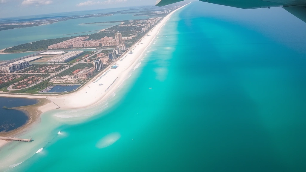 Aerial view of Destin coastline showing emerald green shallow waters, white sand beaches, beachfront development, palm trees, aerial perspective from aircraft window height