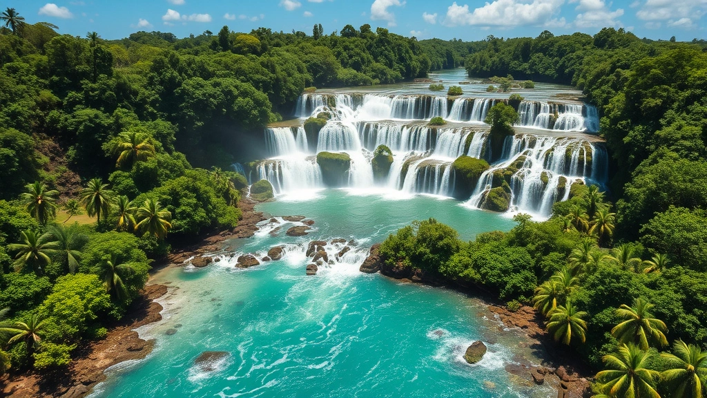 Aerial view of Dunn's River Falls cascading white water into turquoise Caribbean ocean, lush green vegetation surrounding the tiered waterfall, bright sunny day with clear sky