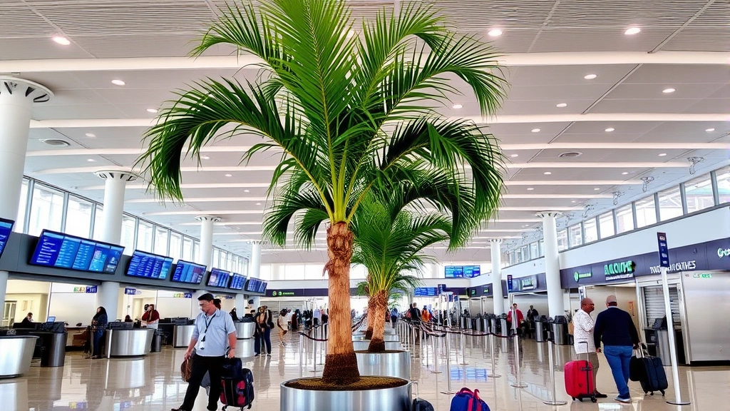 Montego Bay airport terminal interior showing modern check-in counters, departure boards, and travelers with luggage, tropical palm plants decorating the space