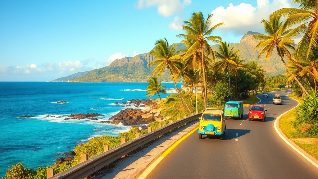 Scenic coastal road in Jamaica with turquoise ocean view, colorful local vehicles, palm trees lining the route, mountains in background, golden afternoon light