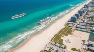 Aerial view of Galveston shoreline with sandy beaches, turquoise Gulf waters, cruise ships docked, and coastal buildings, bright sunny day, photorealistic, no text or signage