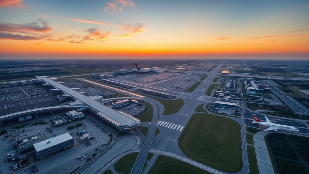Aerial view of Gerald R. Ford International Airport in Grand Rapids, Michigan with runways and terminal buildings visible, modern aviation infrastructure at sunset