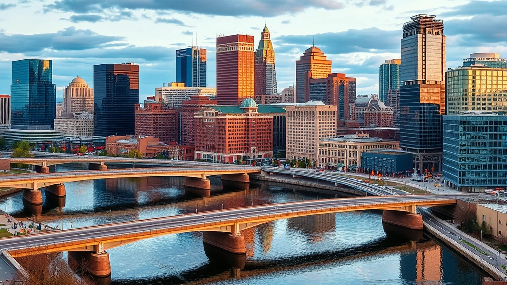 Bustling downtown Grand Rapids skyline with colorful buildings reflected in the Grand River, urban landscape with bridges and modern architecture