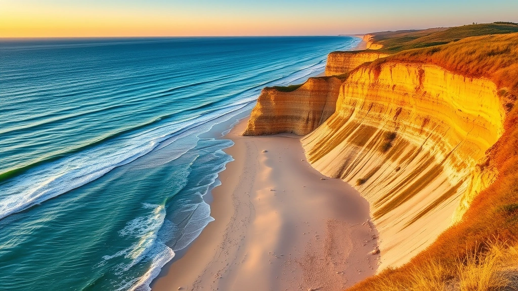 Scenic Sleeping Bear Dunes National Lakeshore with turquoise water, sandy cliffs, and Lake Michigan shoreline during golden hour, natural Michigan landscape