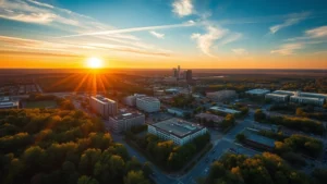 Aerial sunrise view over Greensboro North Carolina cityscape with downtown buildings and surrounding pine forests, golden morning light, wide angle landscape photography