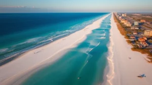 Aerial view of white sand beaches with crystal clear turquoise Gulf of Mexico waters near Gulf Shores Alabama, beach umbrellas and vacation homes visible, golden hour sunset lighting