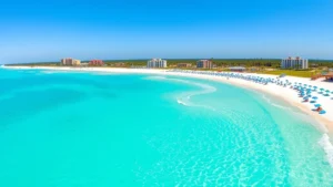 Aerial panoramic view of Gulf Shores white sand beach with crystal clear turquoise water, colorful beach umbrellas dotting the shoreline, vacation rentals and palm trees in background, bright sunny day