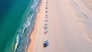 Aerial view of white sand beach with crystal clear turquoise water, colorful umbrellas and beach chairs dotting the pristine shoreline, Gulf Shores Alabama coastline at sunrise golden hour