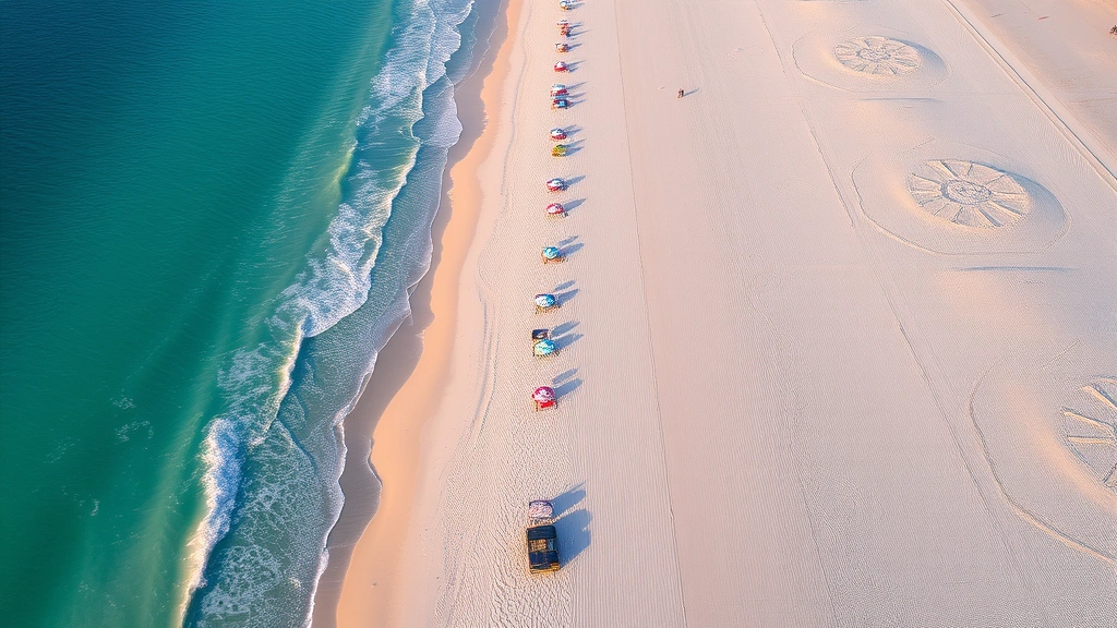 Aerial view of white sand beach with crystal clear turquoise water, colorful umbrellas and beach chairs dotting the pristine shoreline, Gulf Shores Alabama coastline at sunrise golden hour