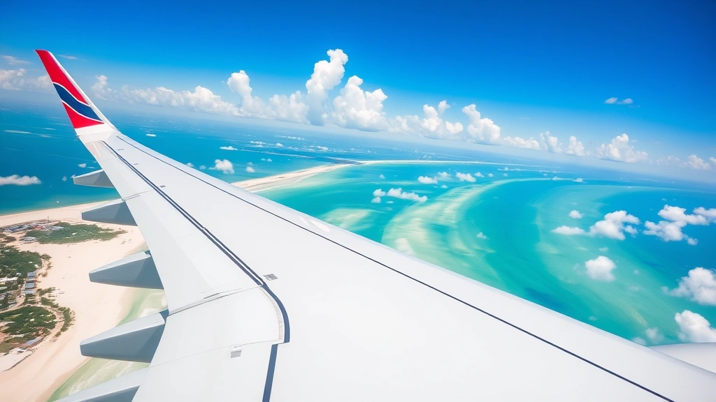 Close-up of commercial airplane wing flying over white sandy Gulf Shores coastline with emerald green water visible below, puffy white clouds in blue sky