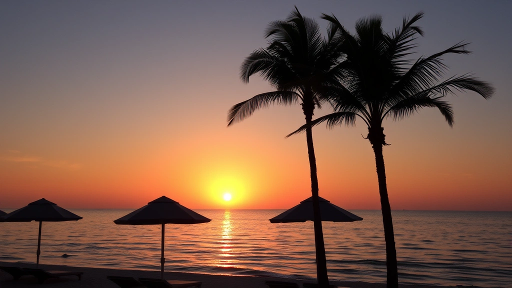 Golden hour sunset over calm Gulf waters with silhouettes of beach umbrellas and swaying palm trees in foreground, warm orange and pink light reflecting on rippling water surface