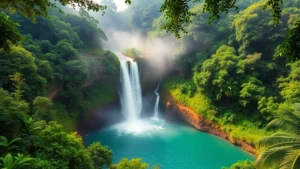 Pristine Kaieteur Falls cascading through lush Guyana rainforest canopy, misty spray rising from emerald jungle landscape, dramatic waterfall plunging into turquoise pool below