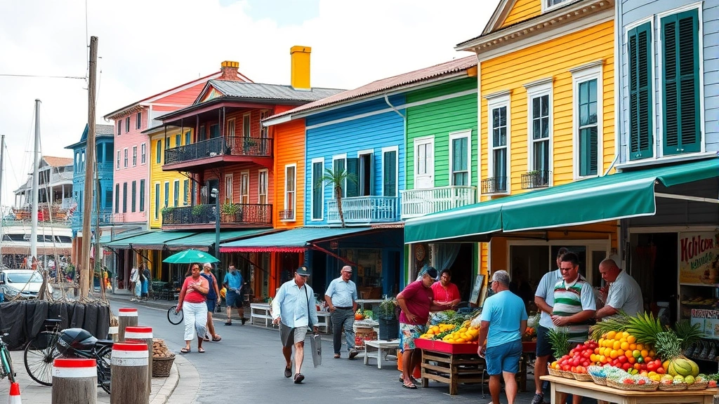Colorful wooden colonial architecture buildings lining Georgetown waterfront, vibrant street market with local vendors selling tropical fruits and fresh produce, bustling Caribbean street scene