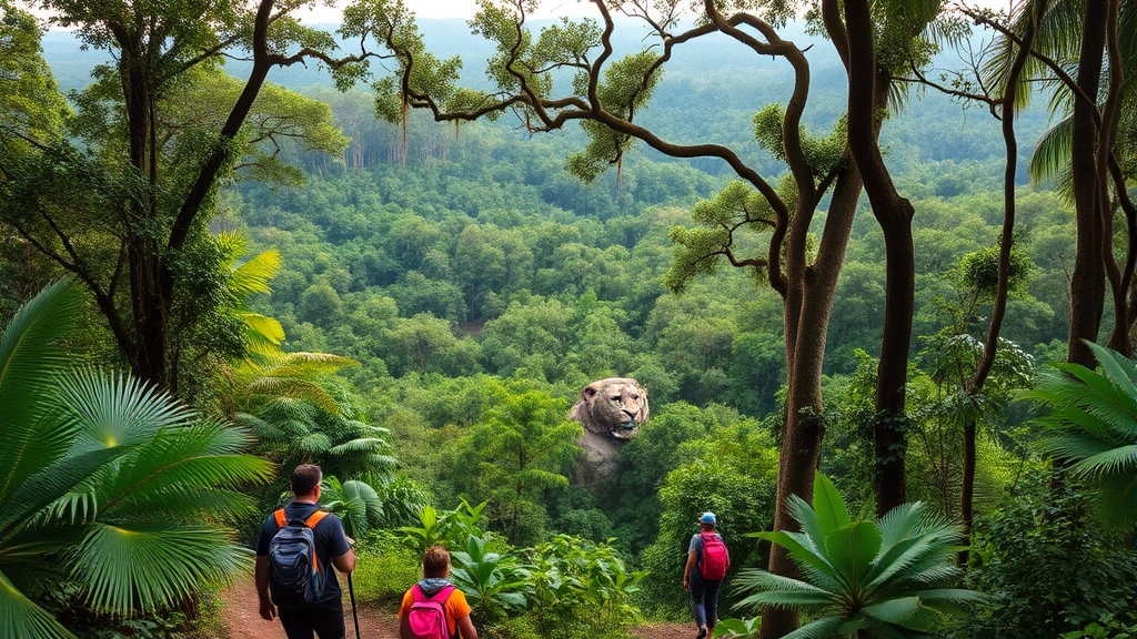 Adventurous travelers hiking through dense Iwokrama Rainforest interior, exotic wildlife including macaws and jaguars visible in natural habitat, untouched jungle wilderness canopy above