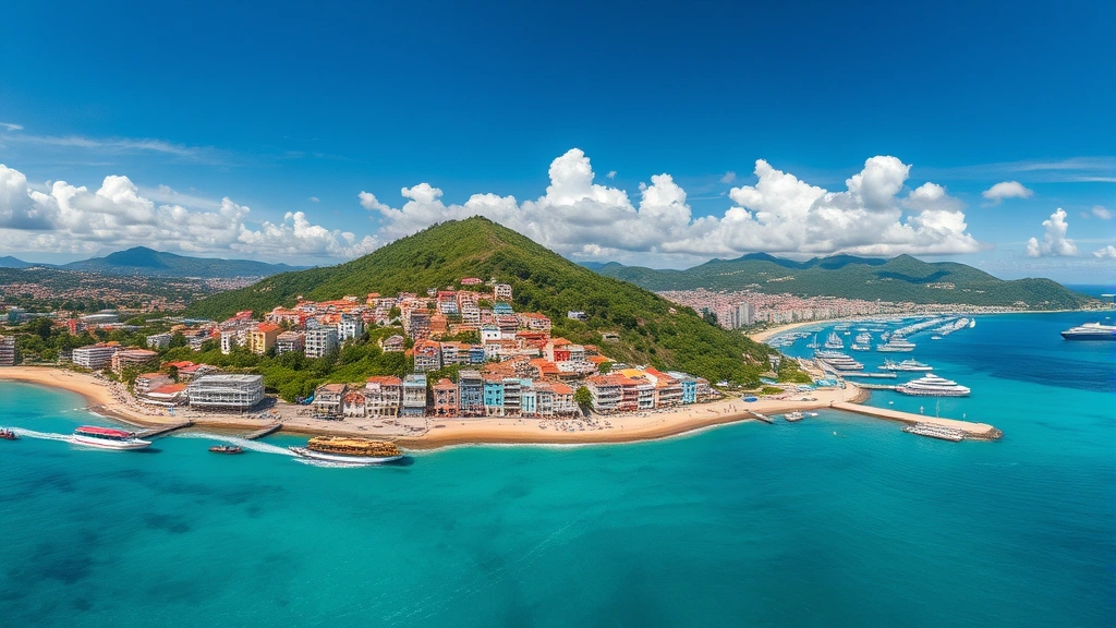 Aerial view of Port-au-Prince, Haiti coastline with turquoise Caribbean waters, colorful buildings cascading down hillside toward harbor, sunny tropical day with white clouds
