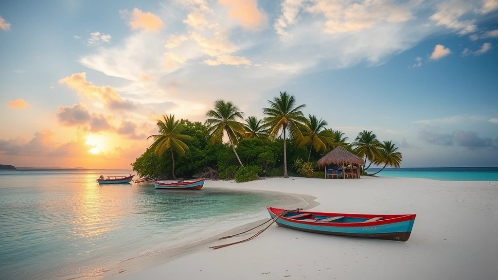 Pristine white sand beach on Île-à-Vache with crystal clear turquoise water, palm trees swaying, small traditional fishing boats, sunset golden hour lighting, paradise tropical island scenery