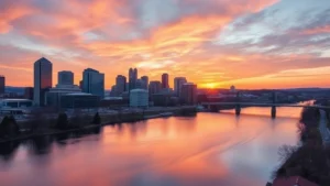 Harrisburg Pennsylvania skyline at sunrise with Susquehanna River in foreground, modern city architecture reflected in water, golden hour lighting, vibrant morning colors